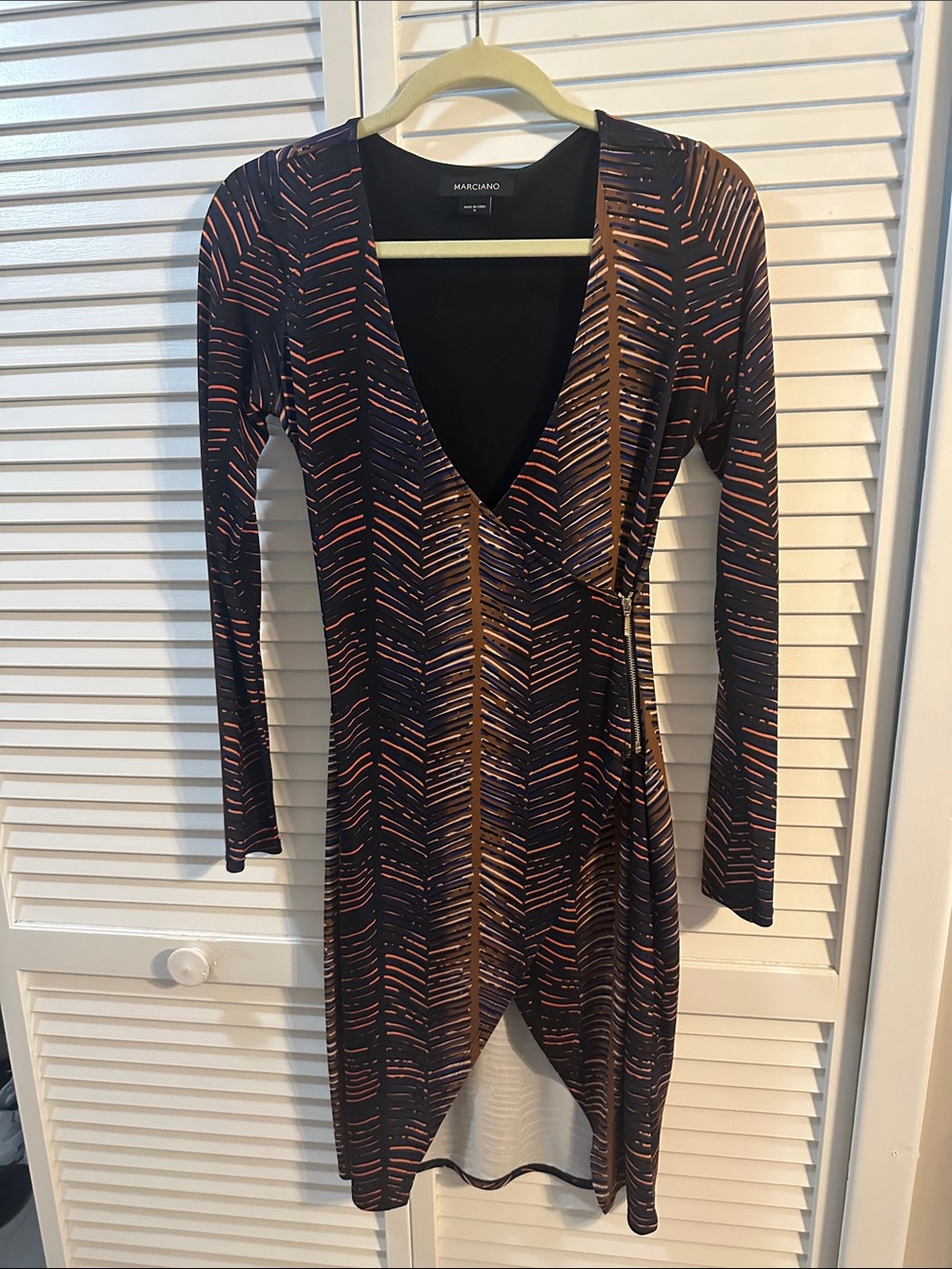 Marciano Black Dress with Rust Pattern Wrap Long Sleeve